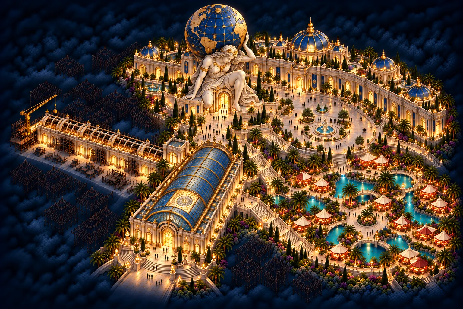 The Galleria at night: A kneeling marble Atlas bears a blue and gold globe on her shoulders above the gateway behind the Grand Promenade. The Auction House and its courtyard glow beyond her, with the unfinished Vaulted Hall to the left and the Twilight Market's pools and tents to the right.