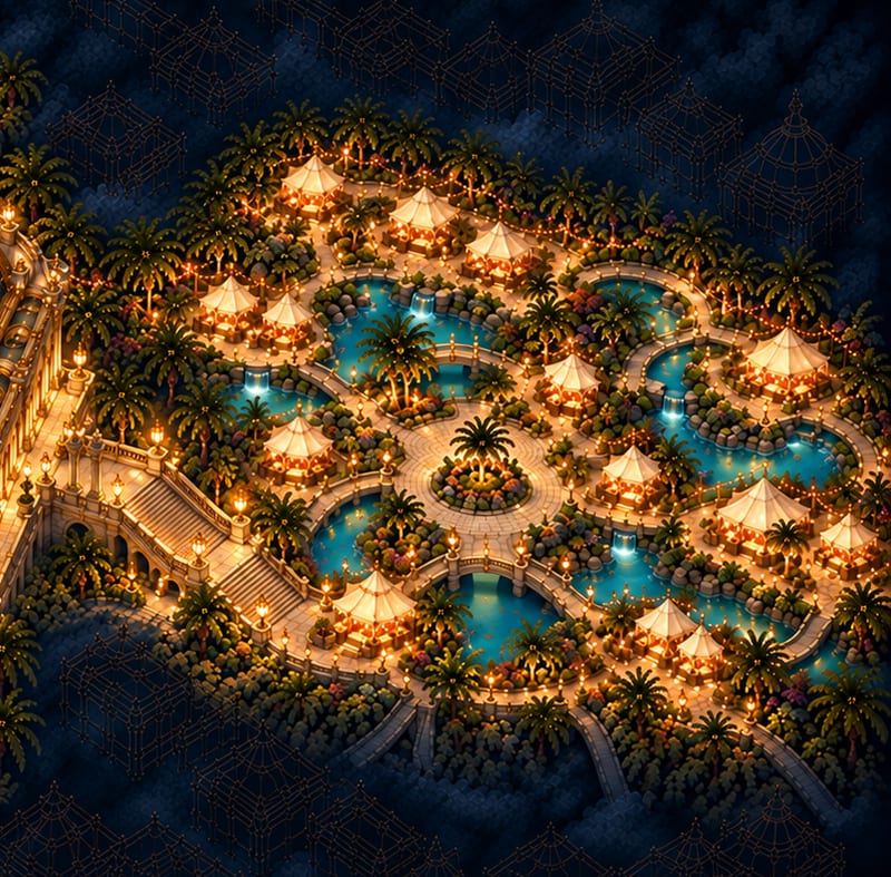 Map of The Twilight Market: lantern-lit white tents among palms and turquoise pools, with stairs down from The Grand Promenade on the left