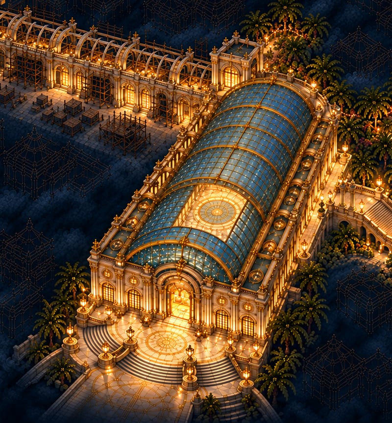 Map of The Grand Promenade: the glass barrel-vaulted hall and its grand entrance steps, The Vaulted Hall in scaffolding behind it and the palms of The Twilight Market to the right