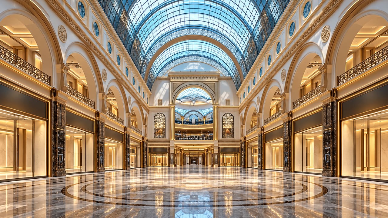 The Grand Promenade: a glass-vaulted arcade of cream marble and gold, shopfronts on both sides and a medallion set in the floor