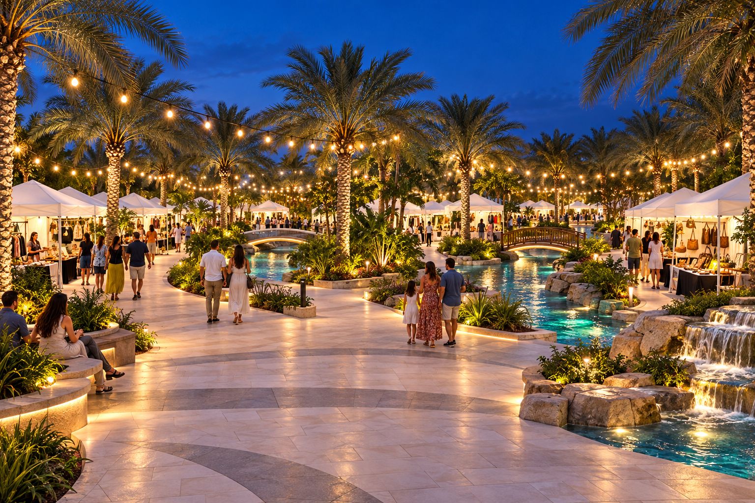 The Twilight Market at dusk: white tents and string lights among the palms, a turquoise river with footbridges and a waterfall, and a wide stone plaza where paths branch to the stalls