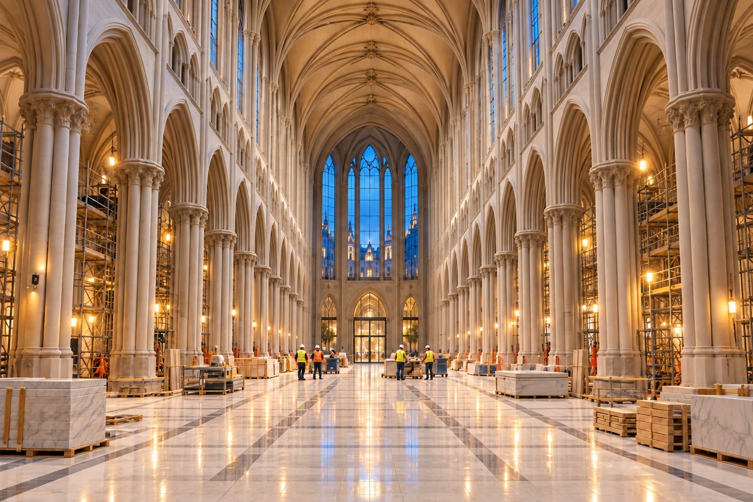 The Vaulted Hall under construction: a soaring Gothic hall of pale stone with rib vaults and tall stained-glass windows, scaffolding along the arcades, stacked marble blocks and workers in hi-vis vests on the polished floor
