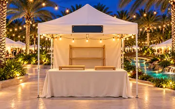 a white canopy market table under string lights by the water at twilight